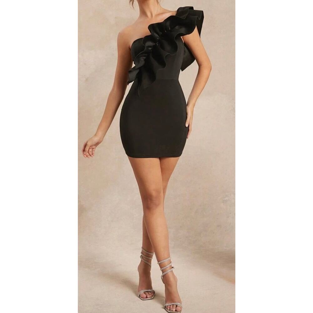 One Shoulder Black Bodycon Mini Dress – Ruffle Sleeve Medium NWT